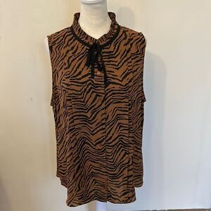 WHBM animal print sleeveless button front blouse with ruffle neck Size L